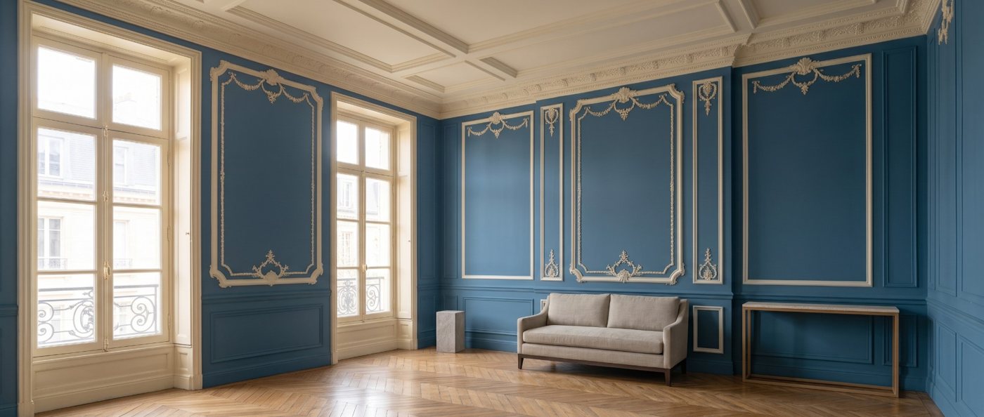 Salon aux murs bleus avec panneaux moulurés, ornements, lambris et corniche au plafond
