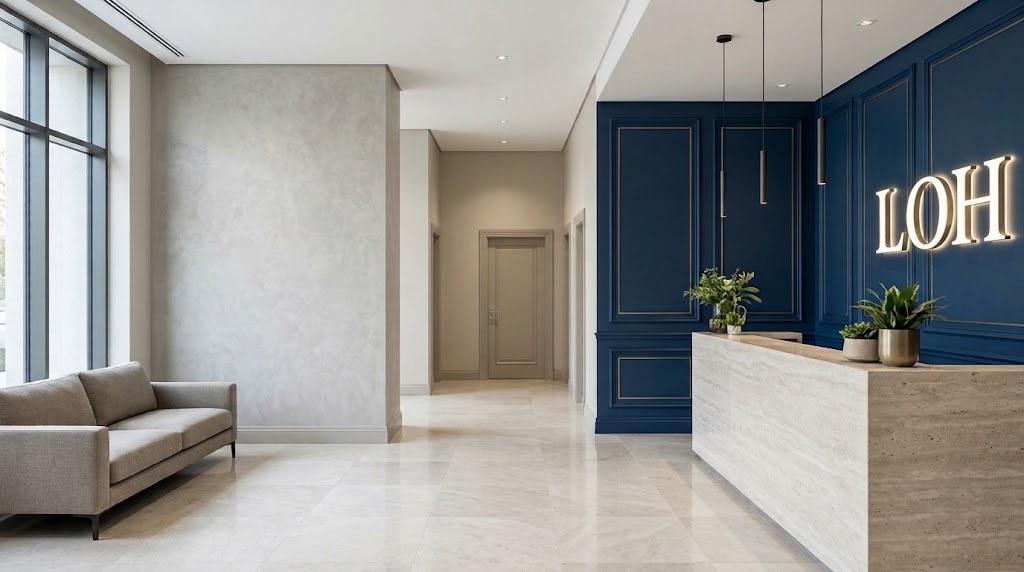 Hall d'entrée commercial avec murs gris pâle et mur d'accueil bleu marine à panneaux moulurés